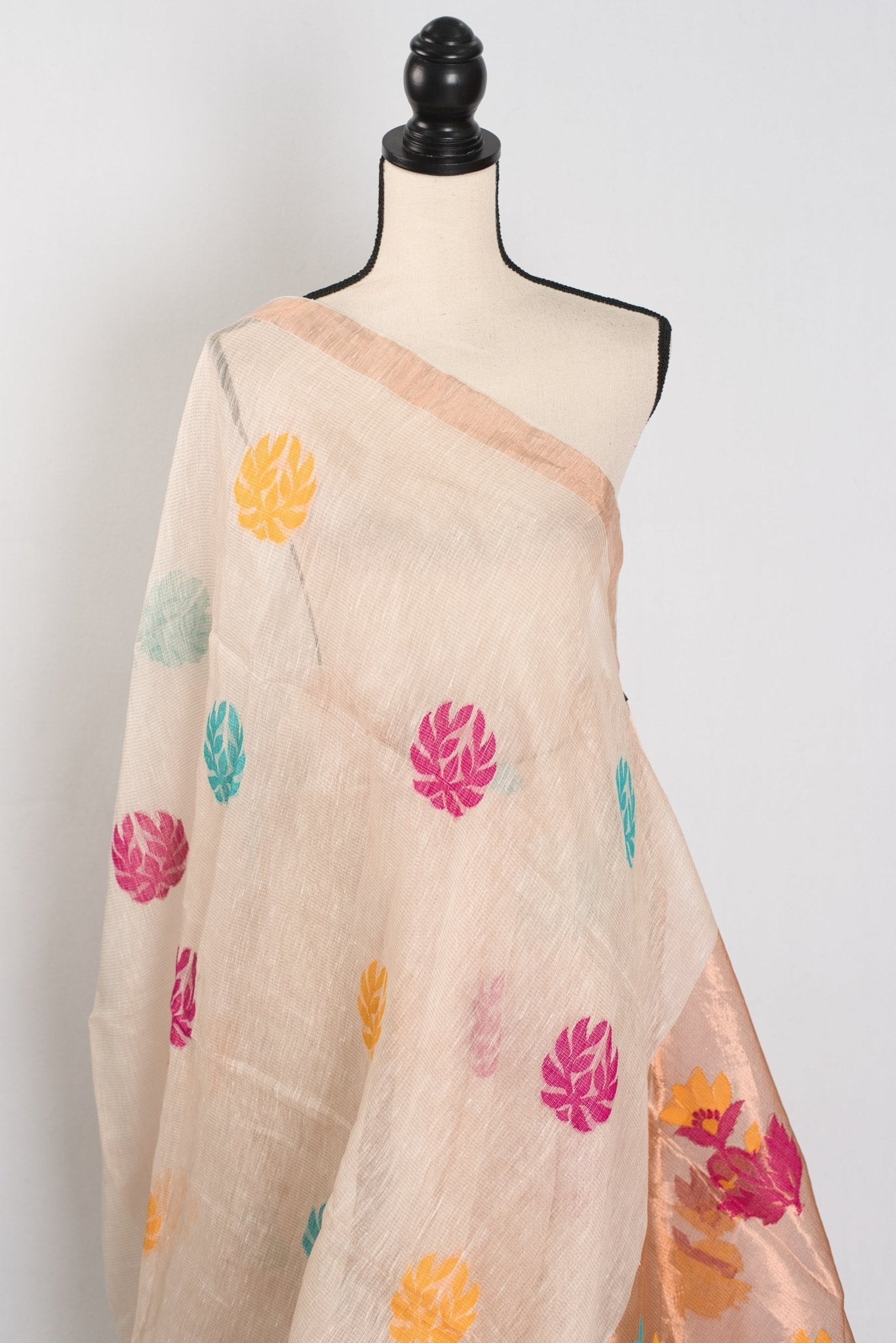 Mou: Beige & Gold Bengal Silk Linen Saree | Elegant Festive Wear