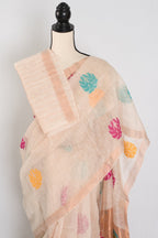 Mou: Beige & Gold Bengal Silk Linen Saree | Elegant Festive Wear