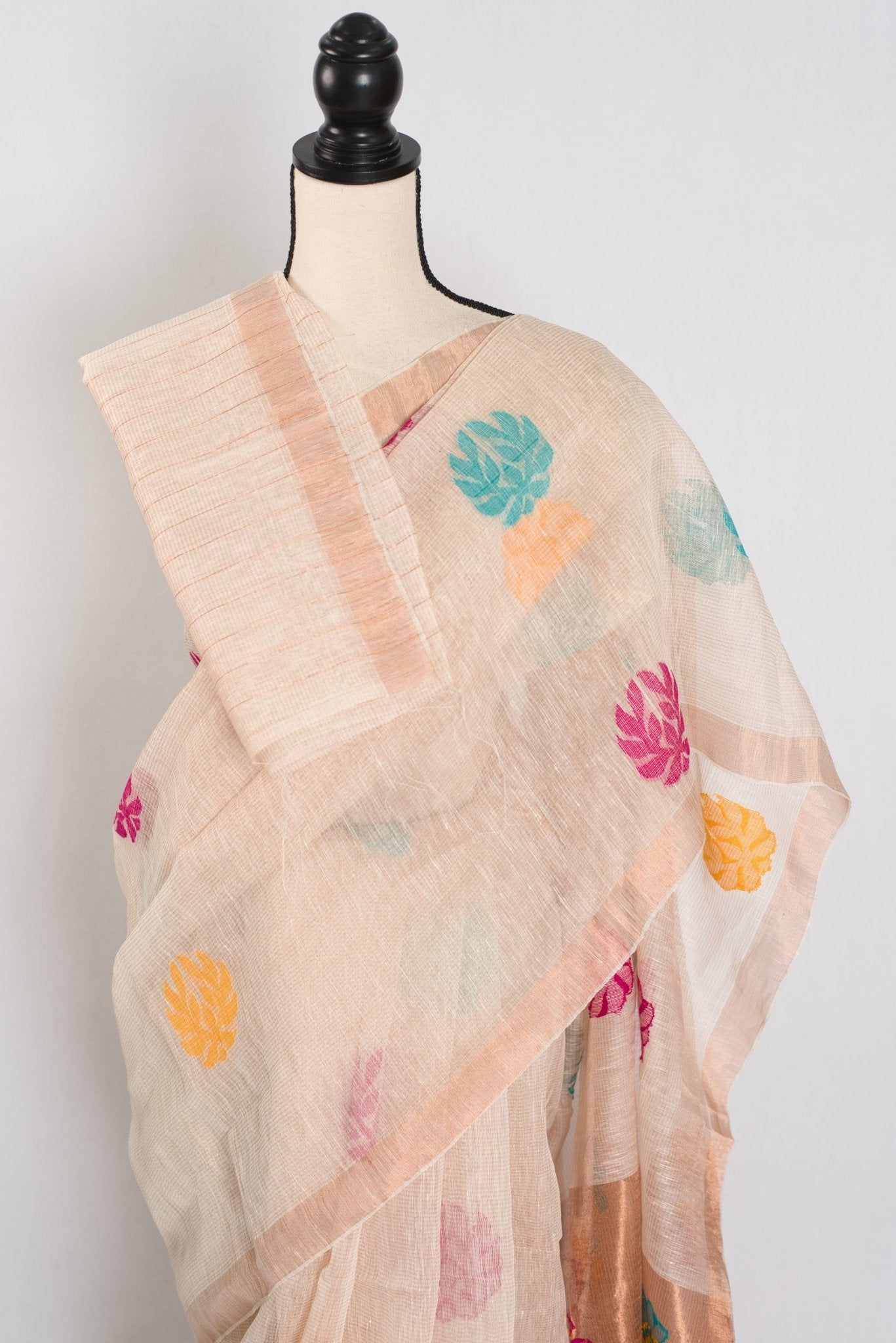 Mou: Beige & Gold Bengal Silk Linen Saree | Elegant Festive Wear