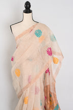 Mou: Beige & Gold Bengal Silk Linen Saree | Elegant Festive Wear