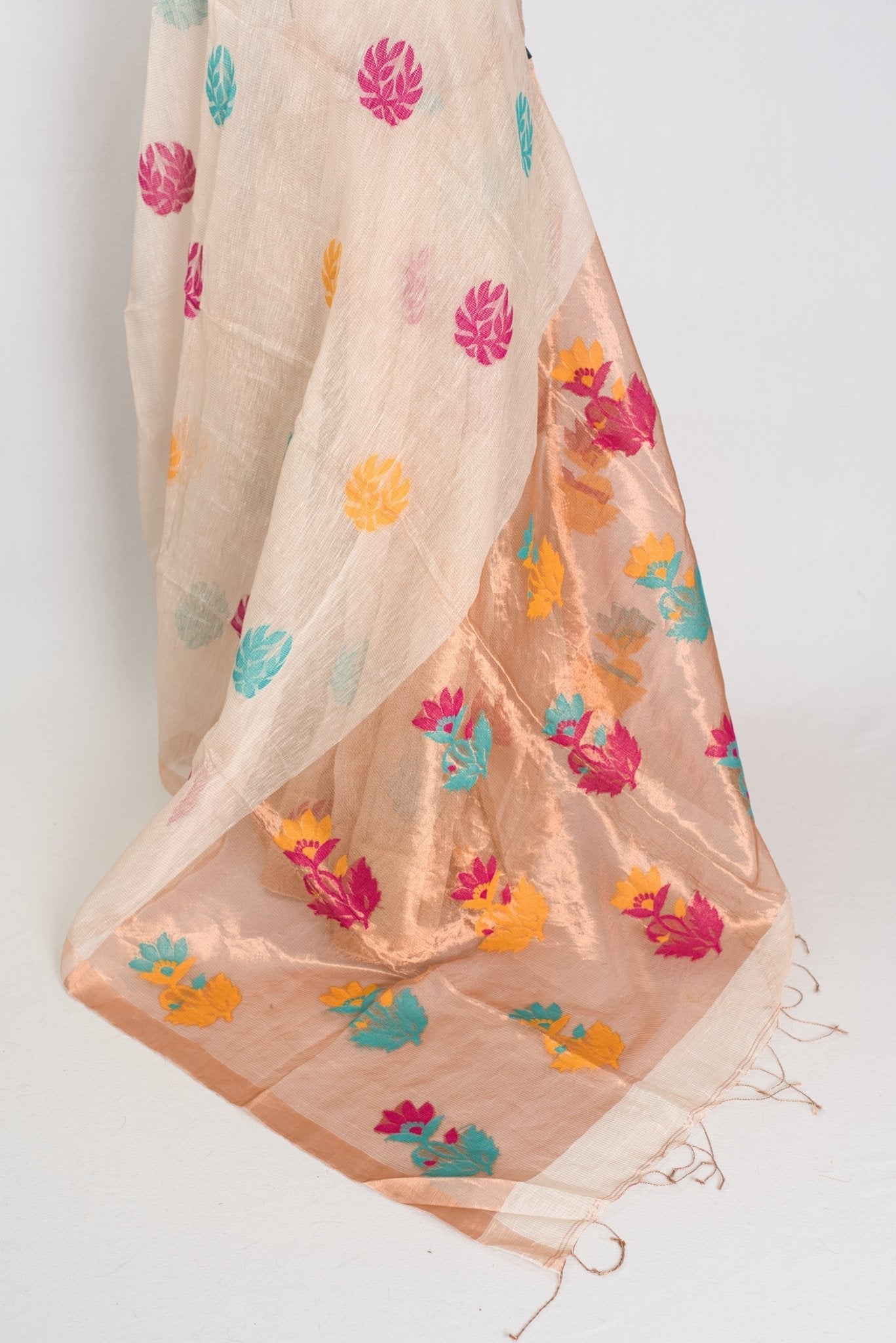 Mou: Beige & Gold Bengal Silk Linen Saree | Elegant Festive Wear
