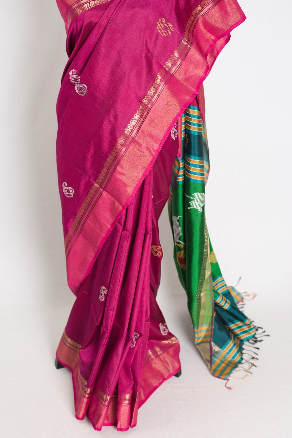 Mridula : Lightweight Bishnupur Katan Silk Saree in Purple and Green