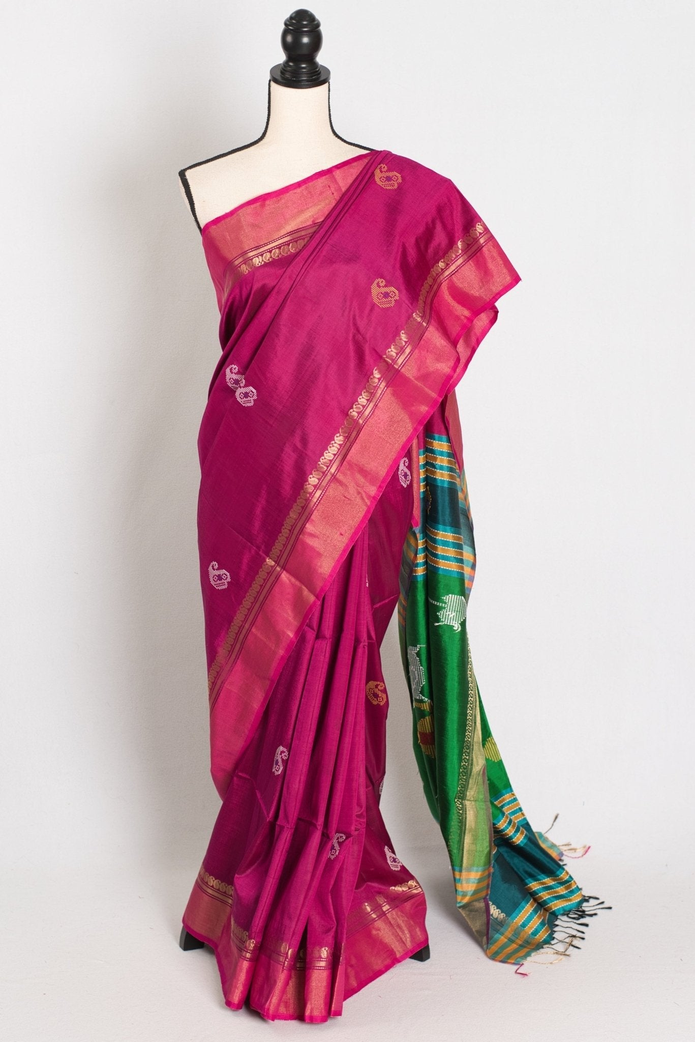 Mridula : Lightweight Bishnupur Katan Silk Saree in Purple and Green