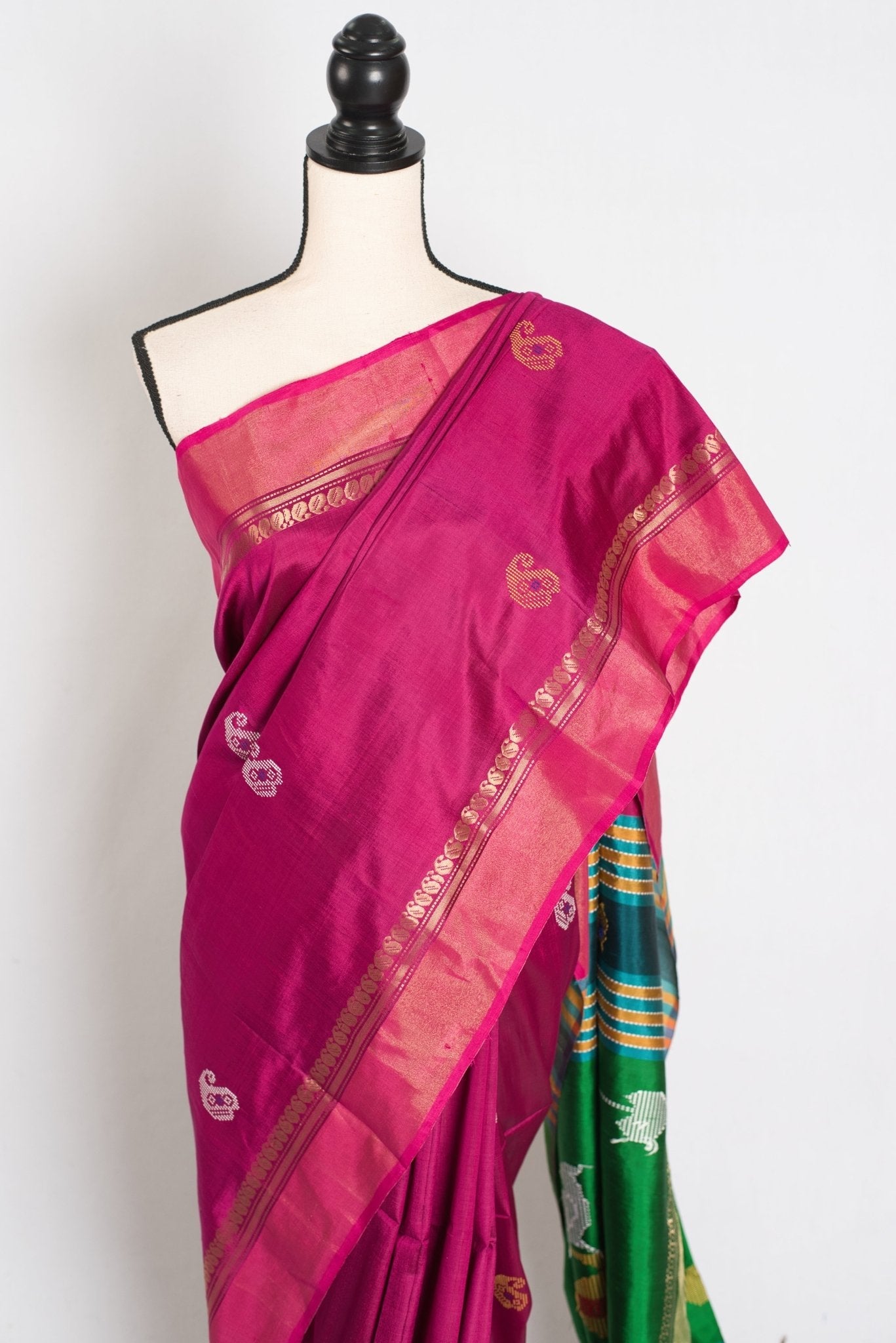Mridula : Lightweight Bishnupur Katan Silk Saree in Purple and Green