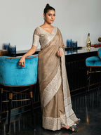 Shree Shyam Fashion Elegant Beige Woven Linen Saree with Contrast Zari Border & Tassels - Soft & Breathable Party Wear
