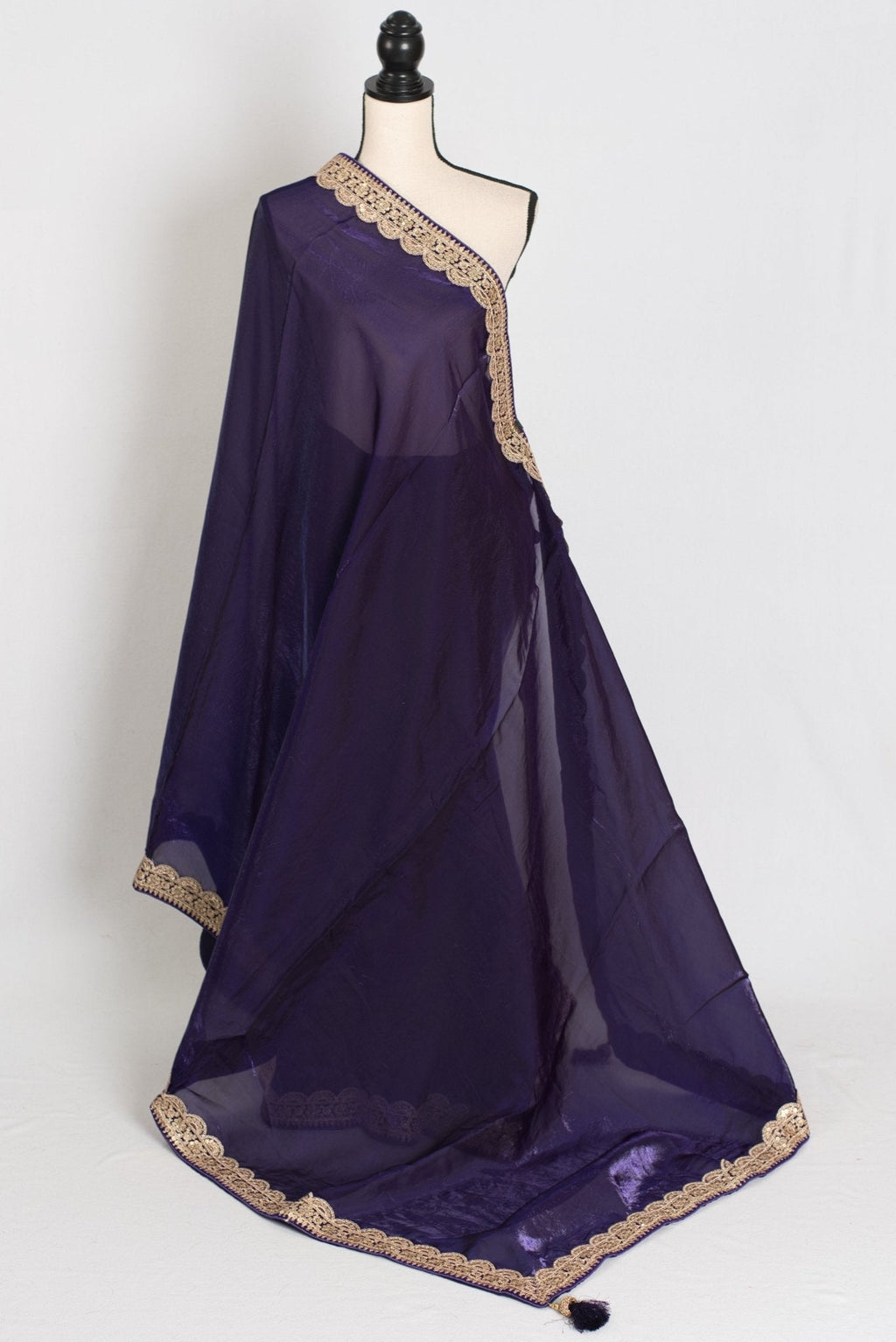 Nadia : Designer Glass Tissue Purple Partywear Saree with Patched Golden Border
