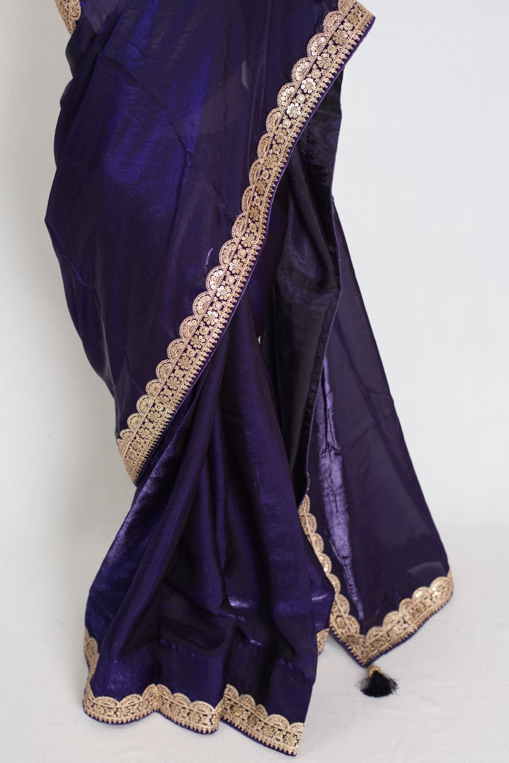 Nadia : Designer Glass Tissue Purple Partywear Saree with Patched Golden Border