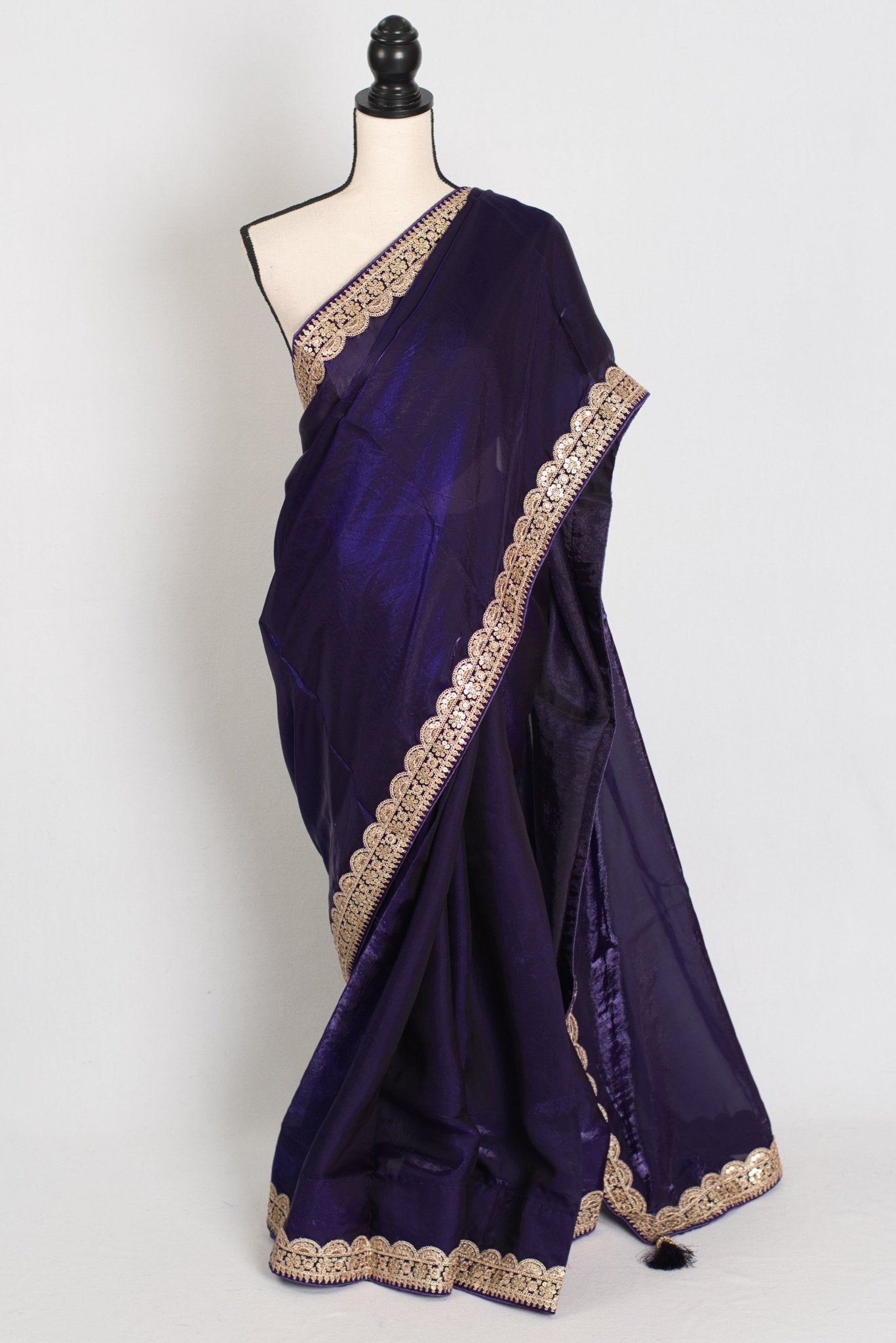 Nadia : Designer Glass Tissue Purple Partywear Saree with Patched Golden Border