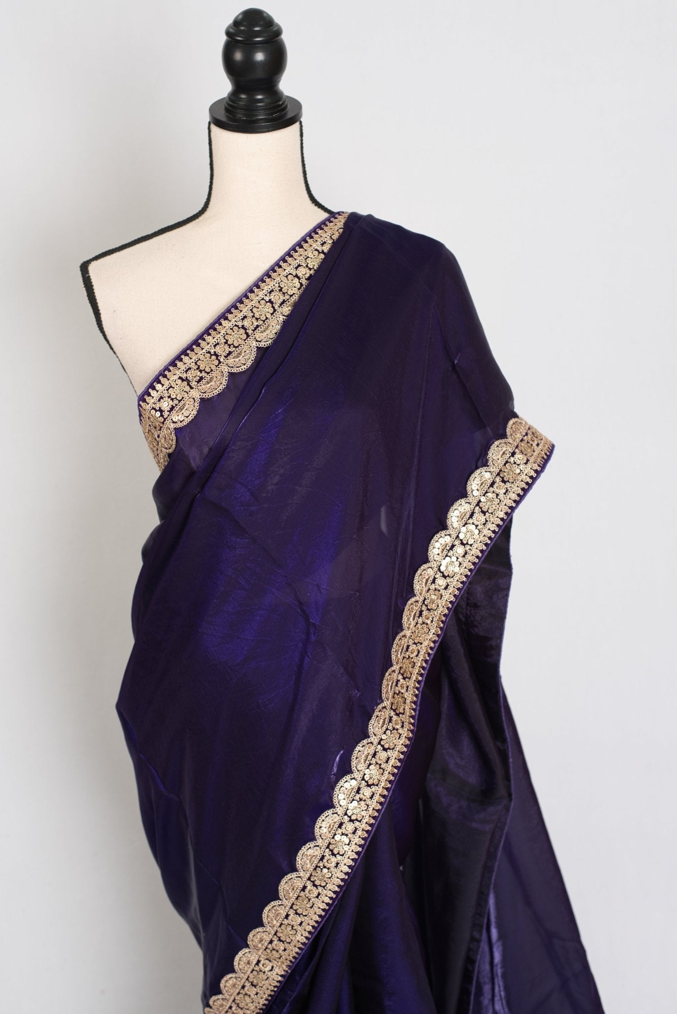 Nadia : Designer Glass Tissue Purple Partywear Saree with Patched Golden Border