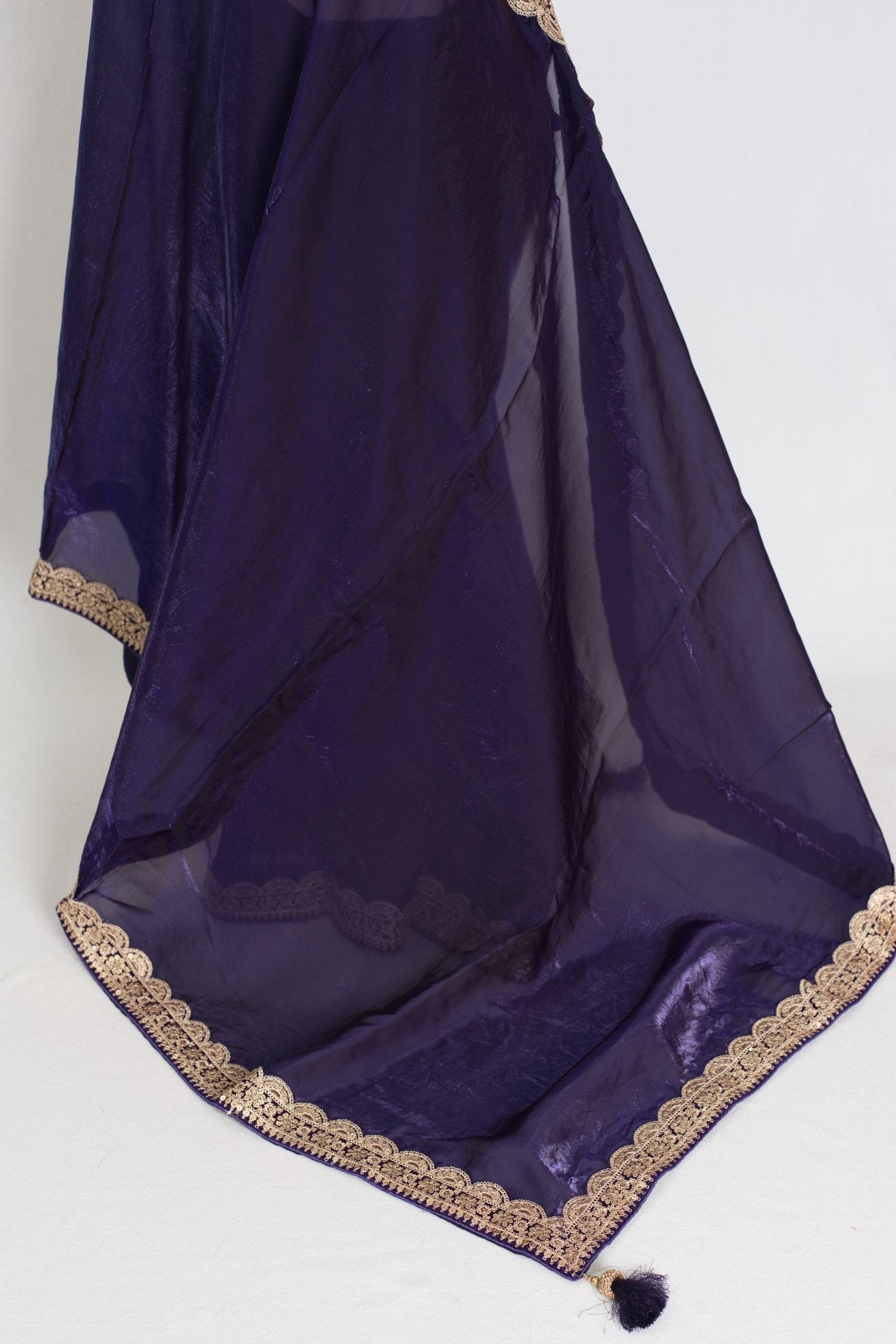 Nadia : Designer Glass Tissue Purple Partywear Saree with Patched Golden Border