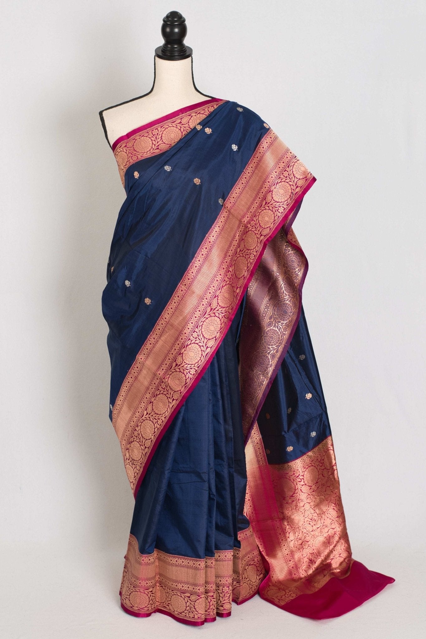 Nalini : Certified Silk Banarasi Saree in Dark Blue with Silver and Golden Motif