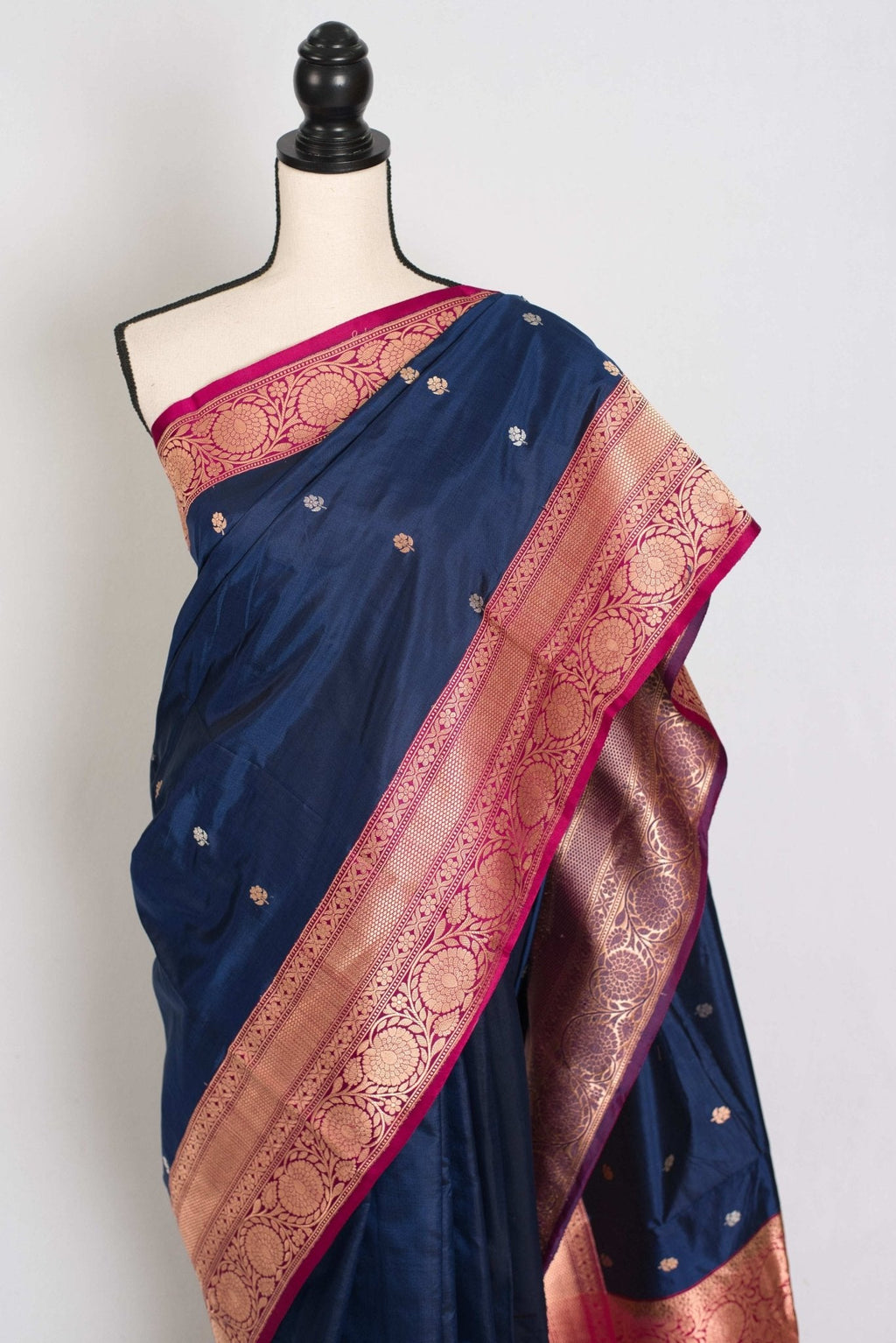 Nalini : Certified Silk Banarasi Saree in Dark Blue with Silver and Golden Motif