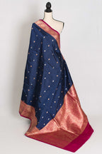 Nalini : Certified Silk Banarasi Saree in Dark Blue with Silver and Golden Motif