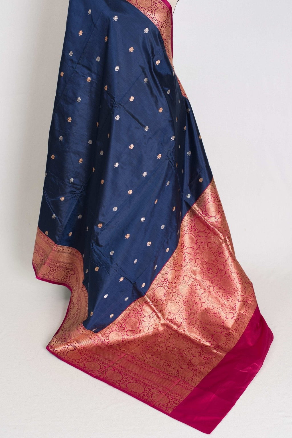 Nalini : Certified Silk Banarasi Saree in Dark Blue with Silver and Golden Motif
