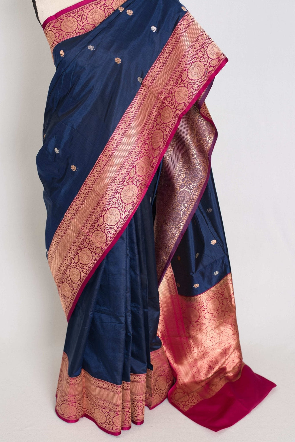 Nalini : Certified Silk Banarasi Saree in Dark Blue with Silver and Golden Motif