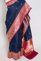 Nalini : Certified Silk Banarasi Saree in Dark Blue with Silver and Golden Motif