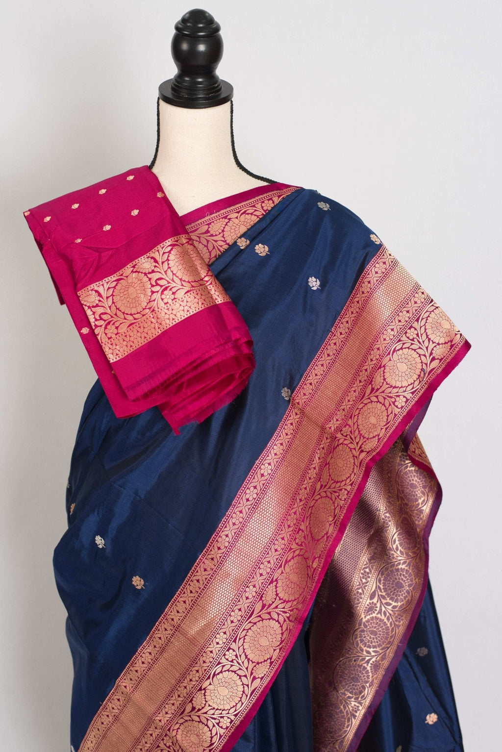 Nalini : Certified Silk Banarasi Saree in Dark Blue with Silver and Golden Motif