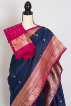 Nalini : Certified Silk Banarasi Saree in Dark Blue with Silver and Golden Motif