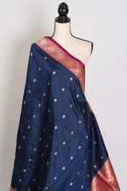 Nalini : Certified Silk Banarasi Saree in Dark Blue with Silver and Golden Motif