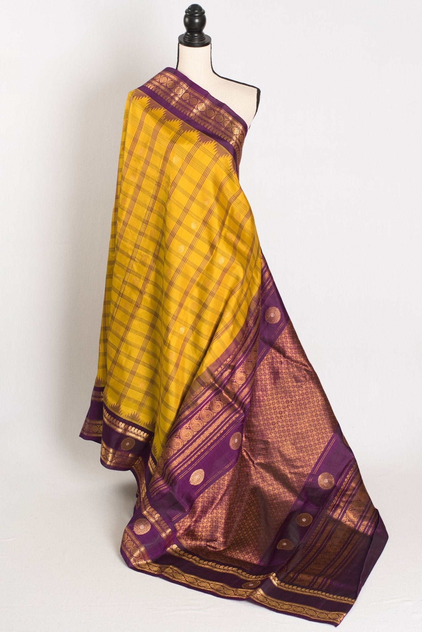 Nandini: Yellow and Purple Checks Handwoven Gadwal Silk Saree with Golden Zari