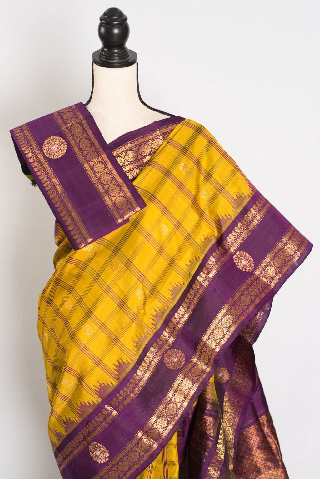 Nandini: Yellow and Purple Checks Handwoven Gadwal Silk Saree with Golden Zari