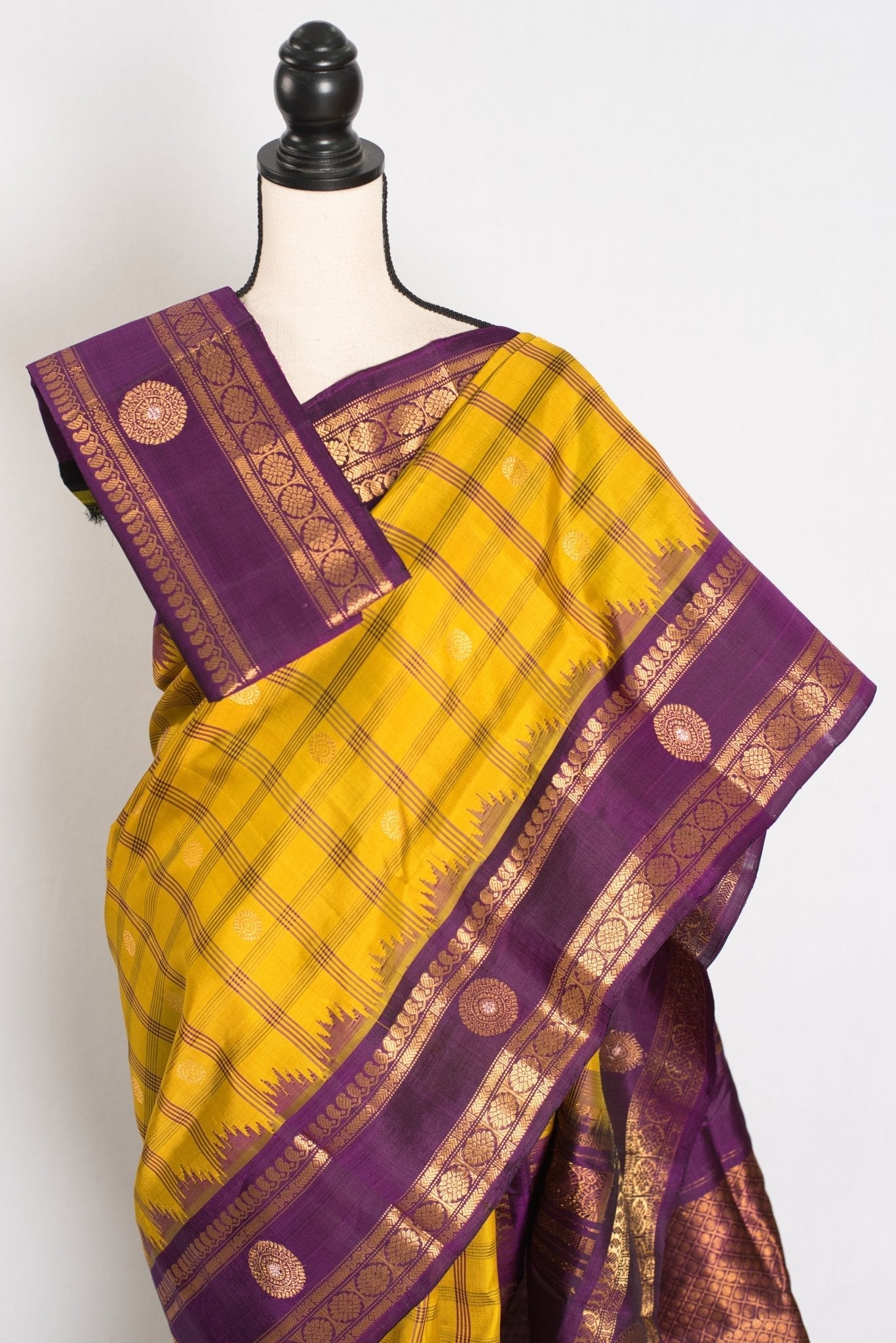 Nandini: Yellow and Purple Checks Handwoven Gadwal Silk Saree with Golden Zari