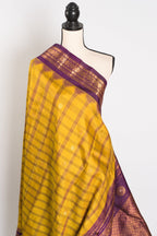 Nandini: Yellow and Purple Checks Handwoven Gadwal Silk Saree with Golden Zari
