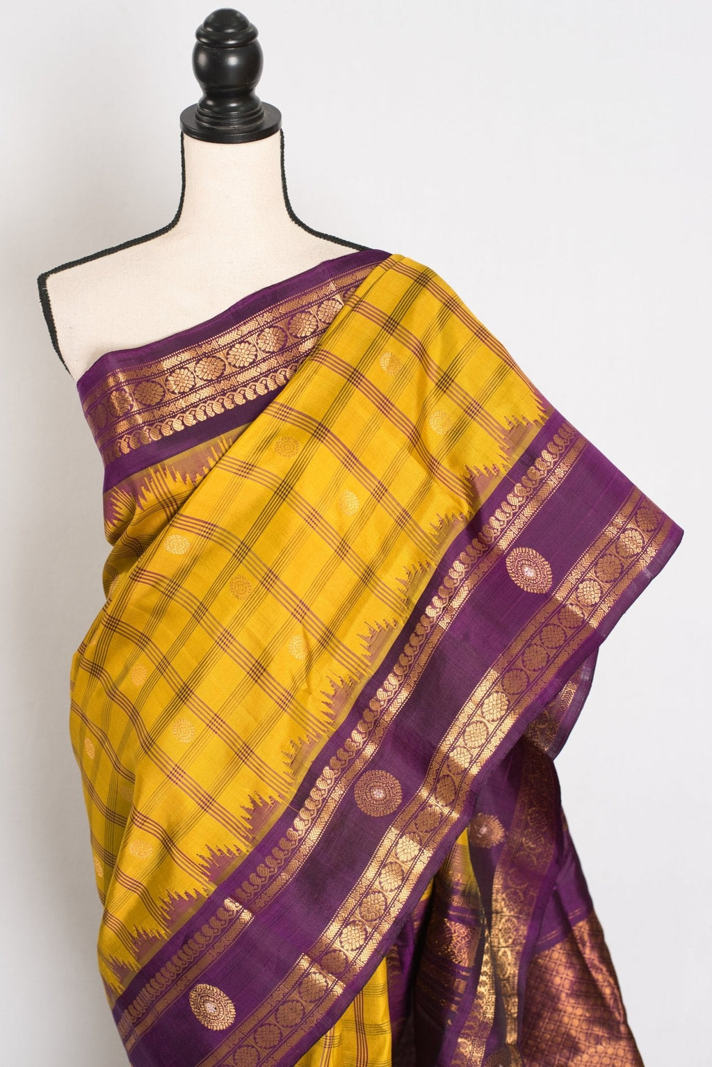 Nandini: Yellow and Purple Checks Handwoven Gadwal Silk Saree with Golden Zari