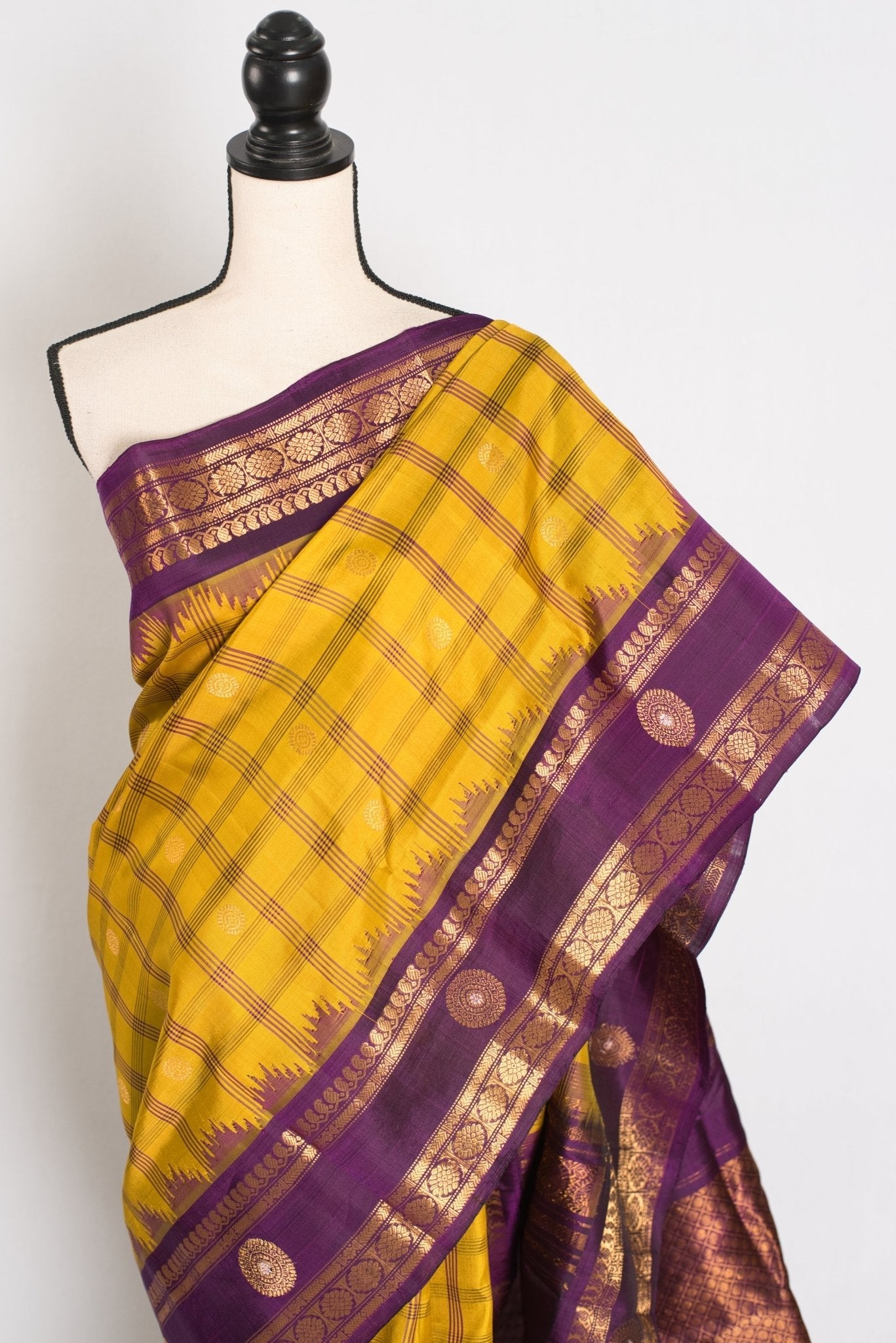 Nandini: Yellow and Purple Checks Handwoven Gadwal Silk Saree with Golden Zari