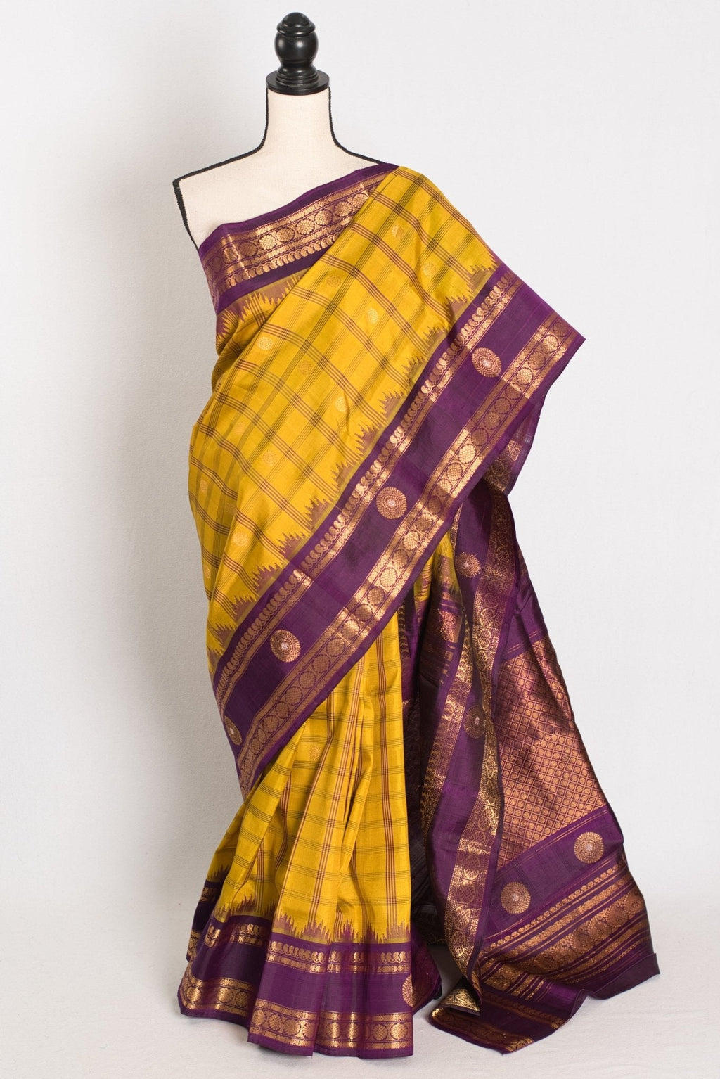 Nandini: Yellow and Purple Checks Handwoven Gadwal Silk Saree with Golden Zari
