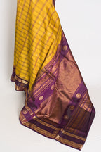 Nandini: Yellow and Purple Checks Handwoven Gadwal Silk Saree with Golden Zari