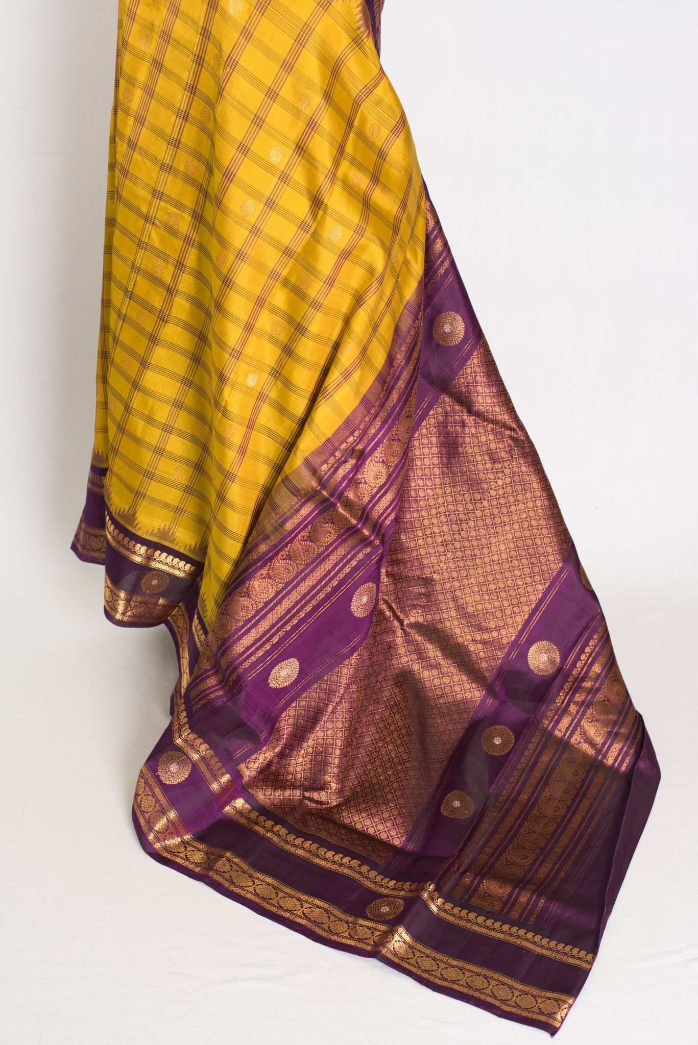 Nandini: Yellow and Purple Checks Handwoven Gadwal Silk Saree with Golden Zari