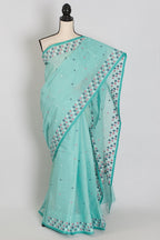 Neela: Turquoise Blue Bengal Handloom Pure Cotton Jamdani Saree