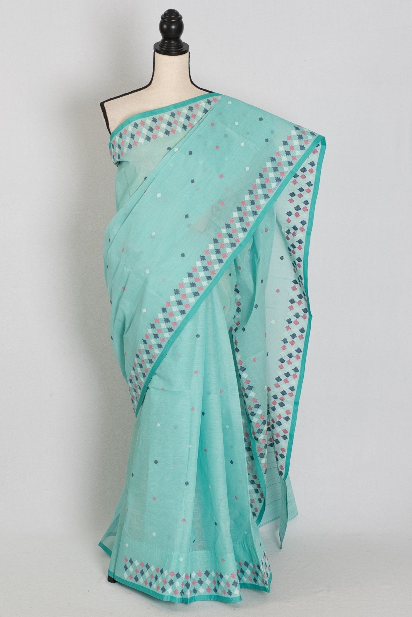 Neela: Turquoise Blue Bengal Handloom Pure Cotton Jamdani Saree