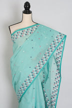 Neela: Turquoise Blue Bengal Handloom Pure Cotton Jamdani Saree