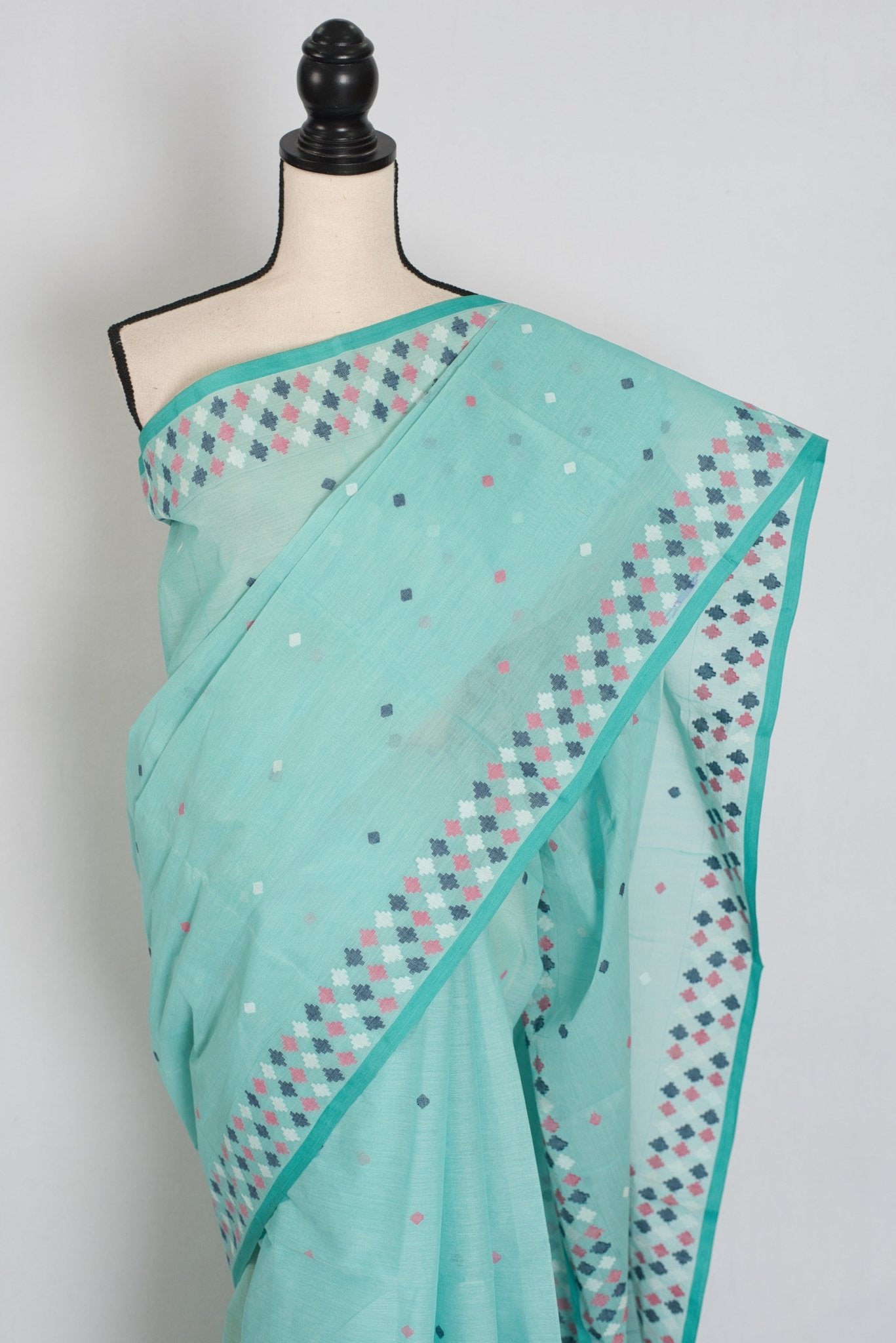 Neela: Turquoise Blue Bengal Handloom Pure Cotton Jamdani Saree