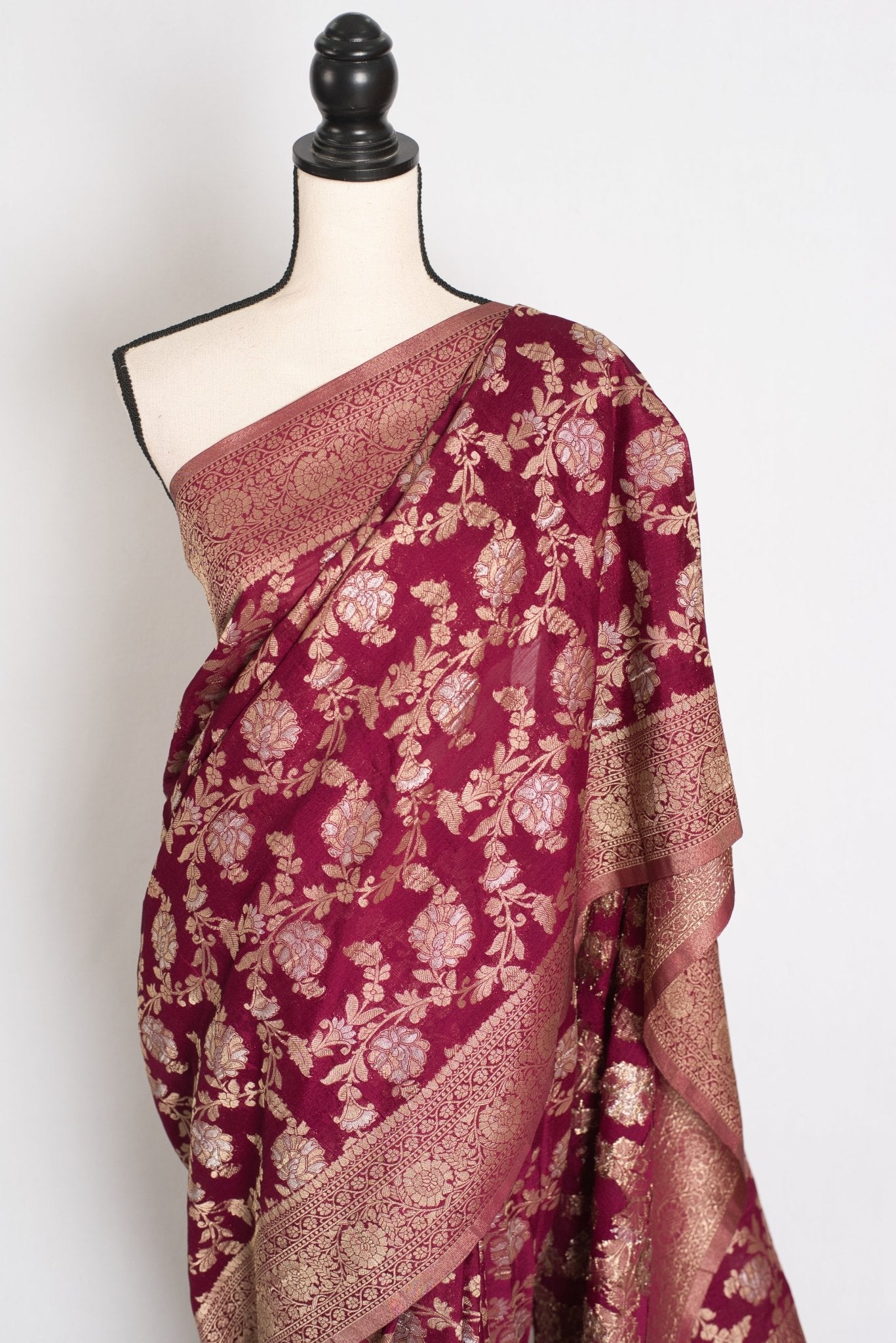 Nidhi : Sona Rupa Zari Semi Georgette Banarasi Saree | Size 40 Stitched Blouse