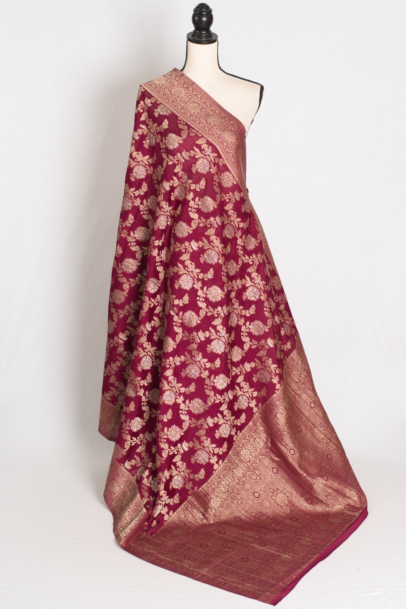 Nidhi : Sona Rupa Zari Semi Georgette Banarasi Saree | Size 40 Stitched Blouse