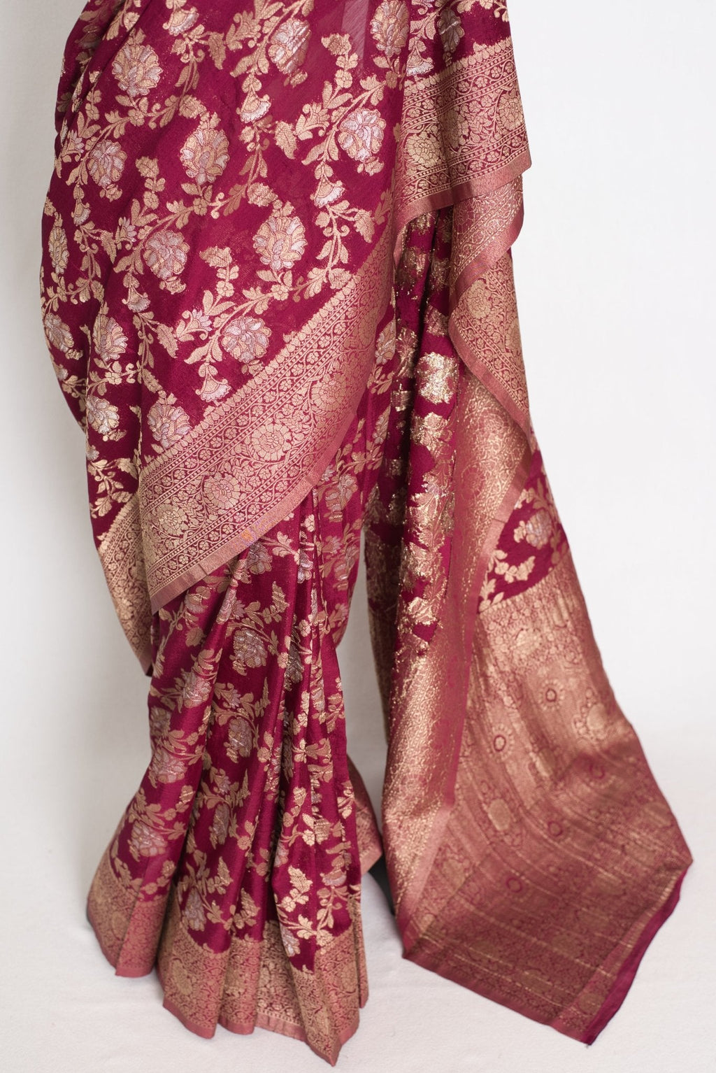 Nidhi : Sona Rupa Zari Semi Georgette Banarasi Saree | Size 40 Stitched Blouse