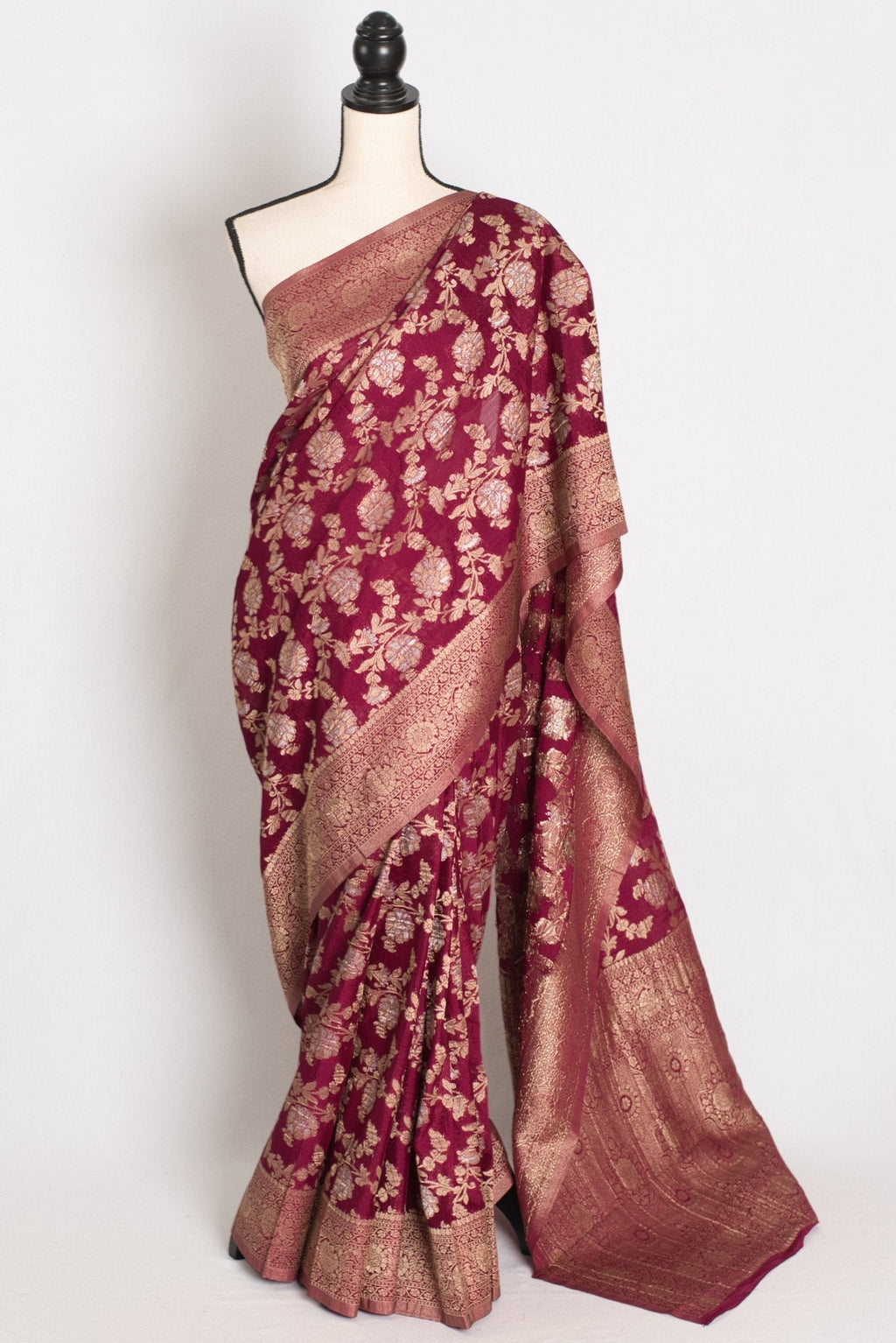 Nidhi : Sona Rupa Zari Semi Georgette Banarasi Saree | Size 40 Stitched Blouse