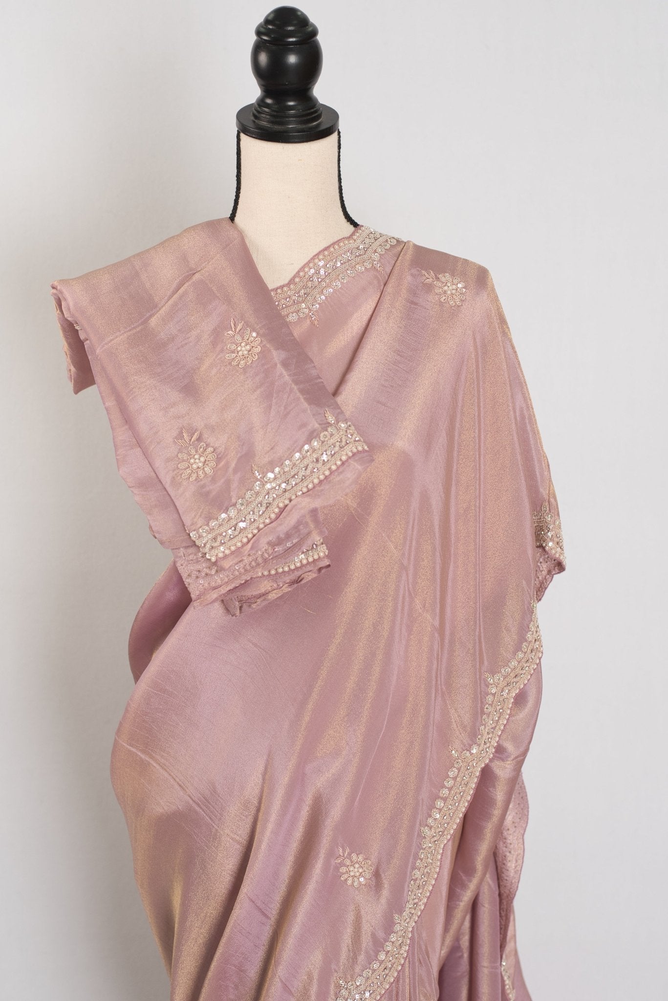 Noor | Soft Tissue Pastel Mauve Designer Saree with Handwork Pearl Border