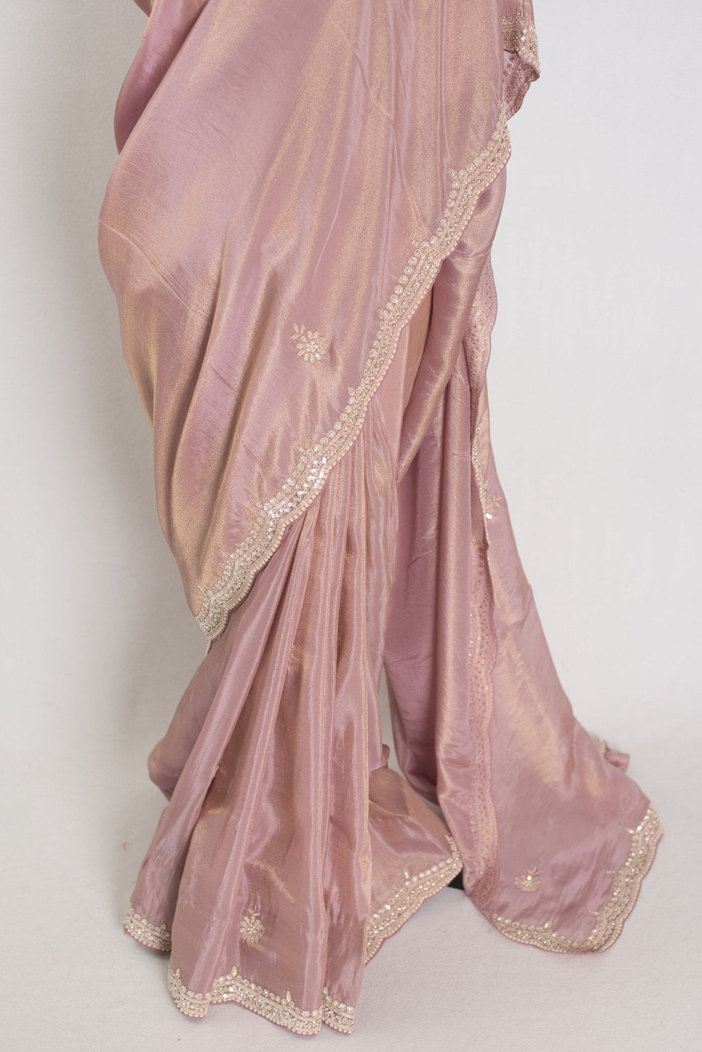 Noor | Soft Tissue Pastel Mauve Designer Saree with Handwork Pearl Border