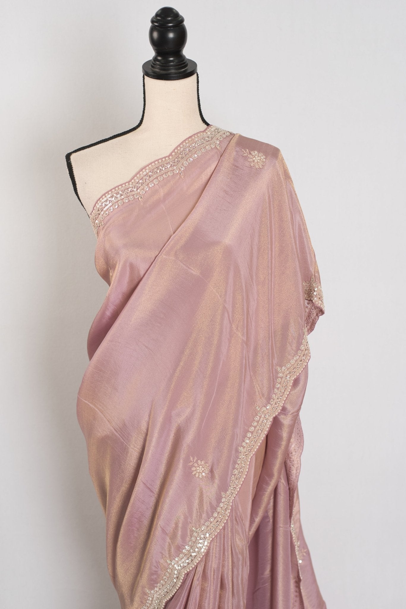 Noor | Soft Tissue Pastel Mauve Designer Saree with Handwork Pearl Border