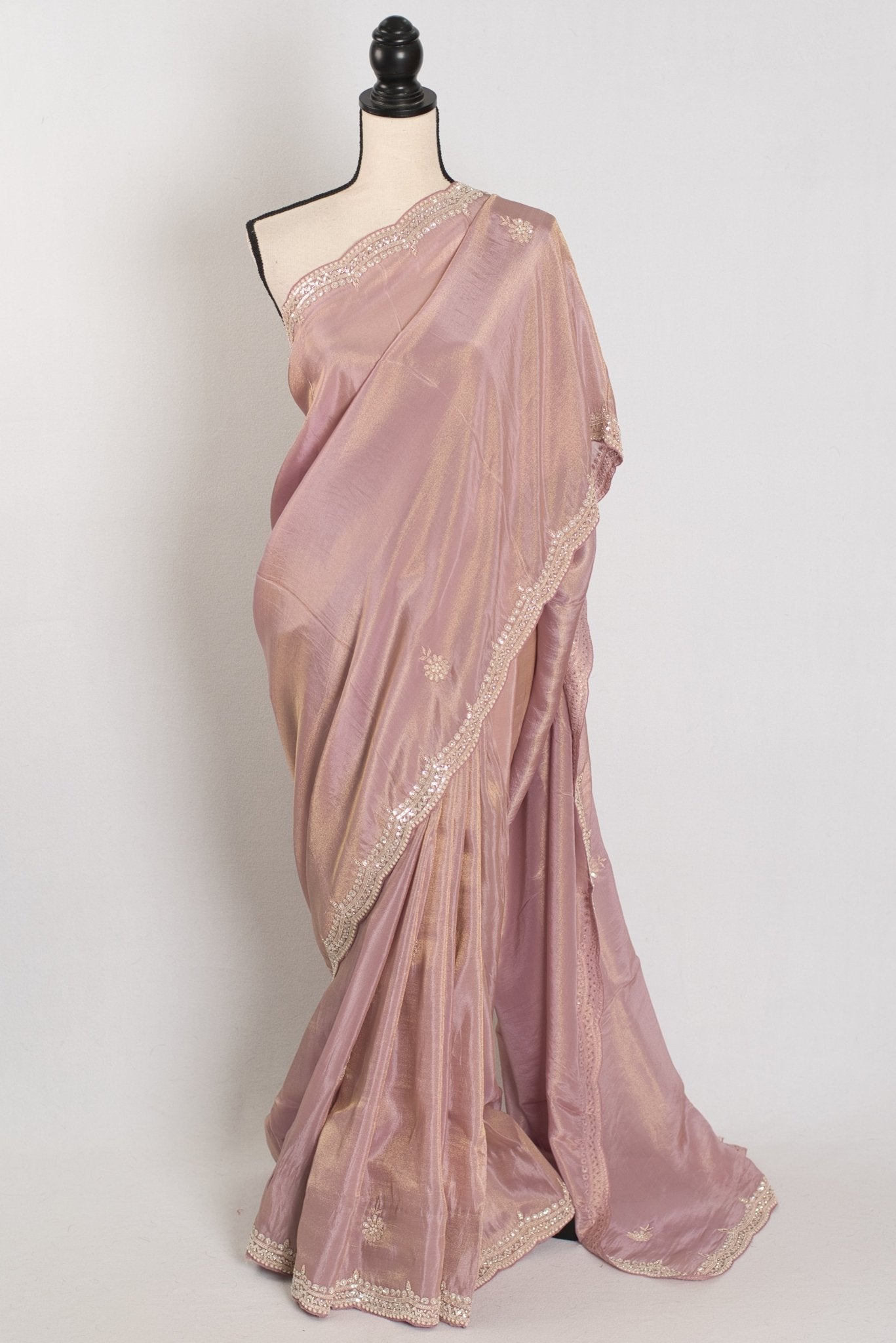 Noor | Soft Tissue Pastel Mauve Designer Saree with Handwork Pearl Border
