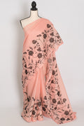 Mandira | Soft Peach & Black Semi Kota Silk Saree | Floral Appliqué
