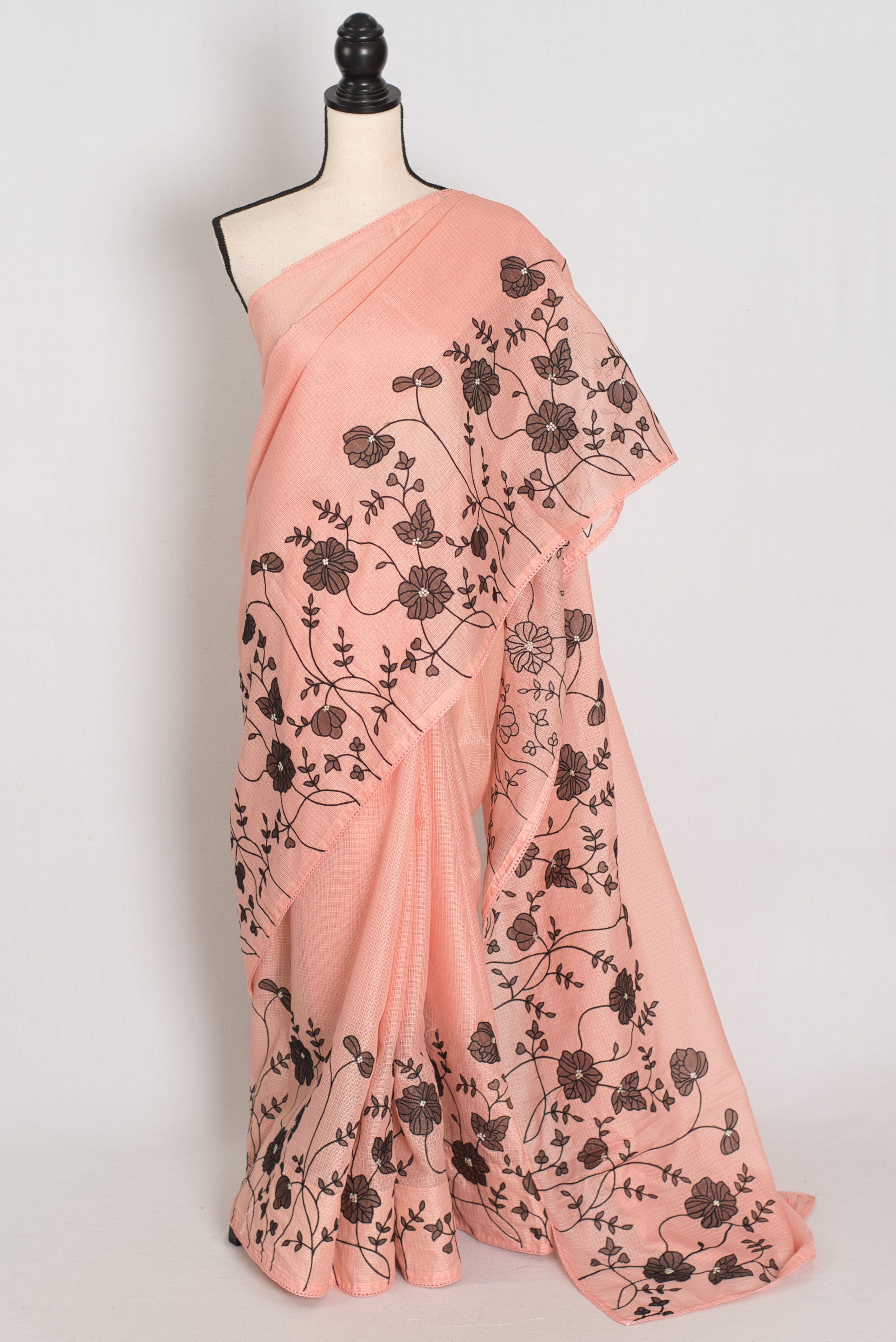 Mandira | Soft Peach & Black Semi Kota Silk Saree | Floral Appliqué