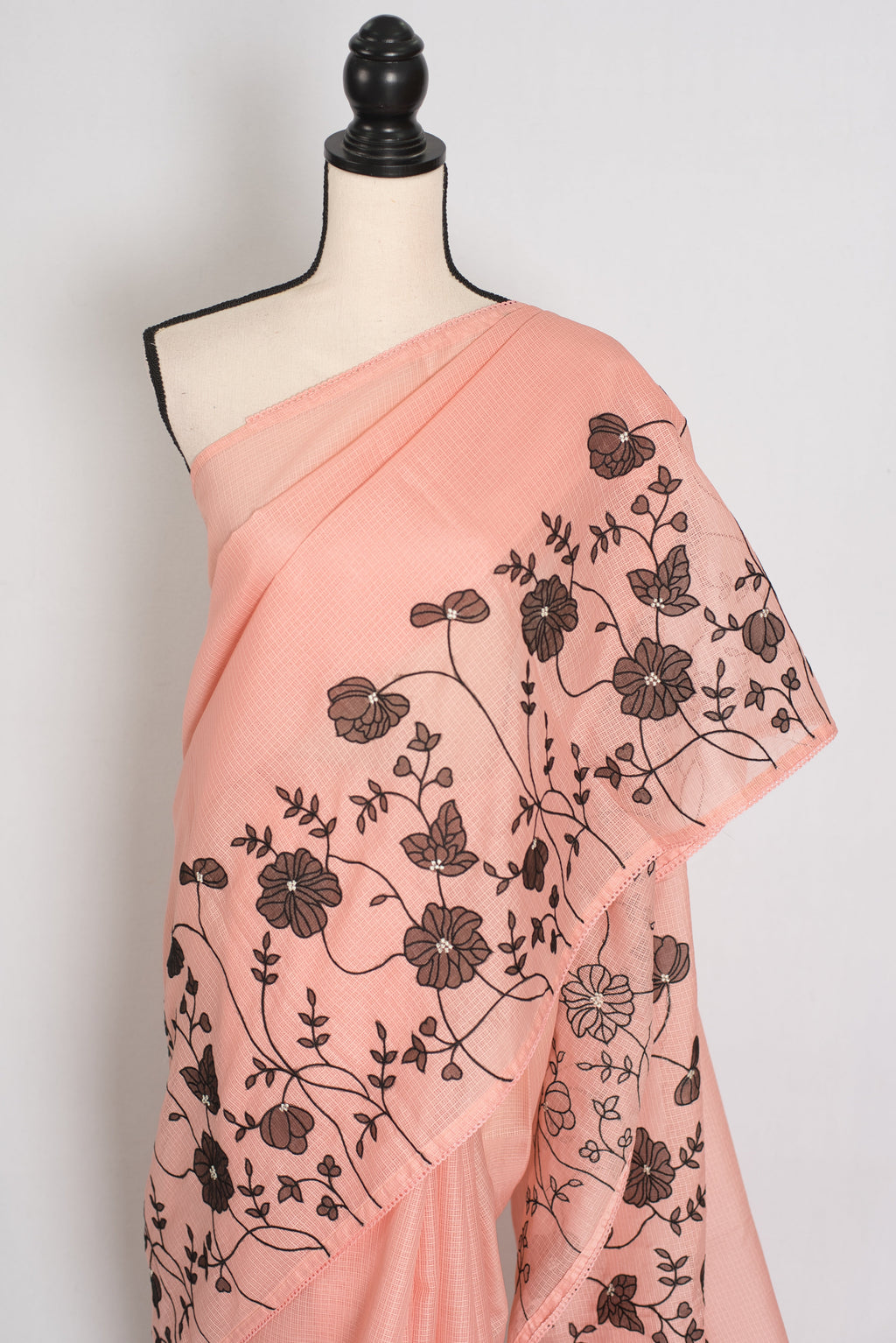 Mandira | Soft Peach & Black Semi Kota Silk Saree | Floral Appliqué