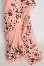 Mandira | Soft Peach & Black Semi Kota Silk Saree | Floral Appliqué