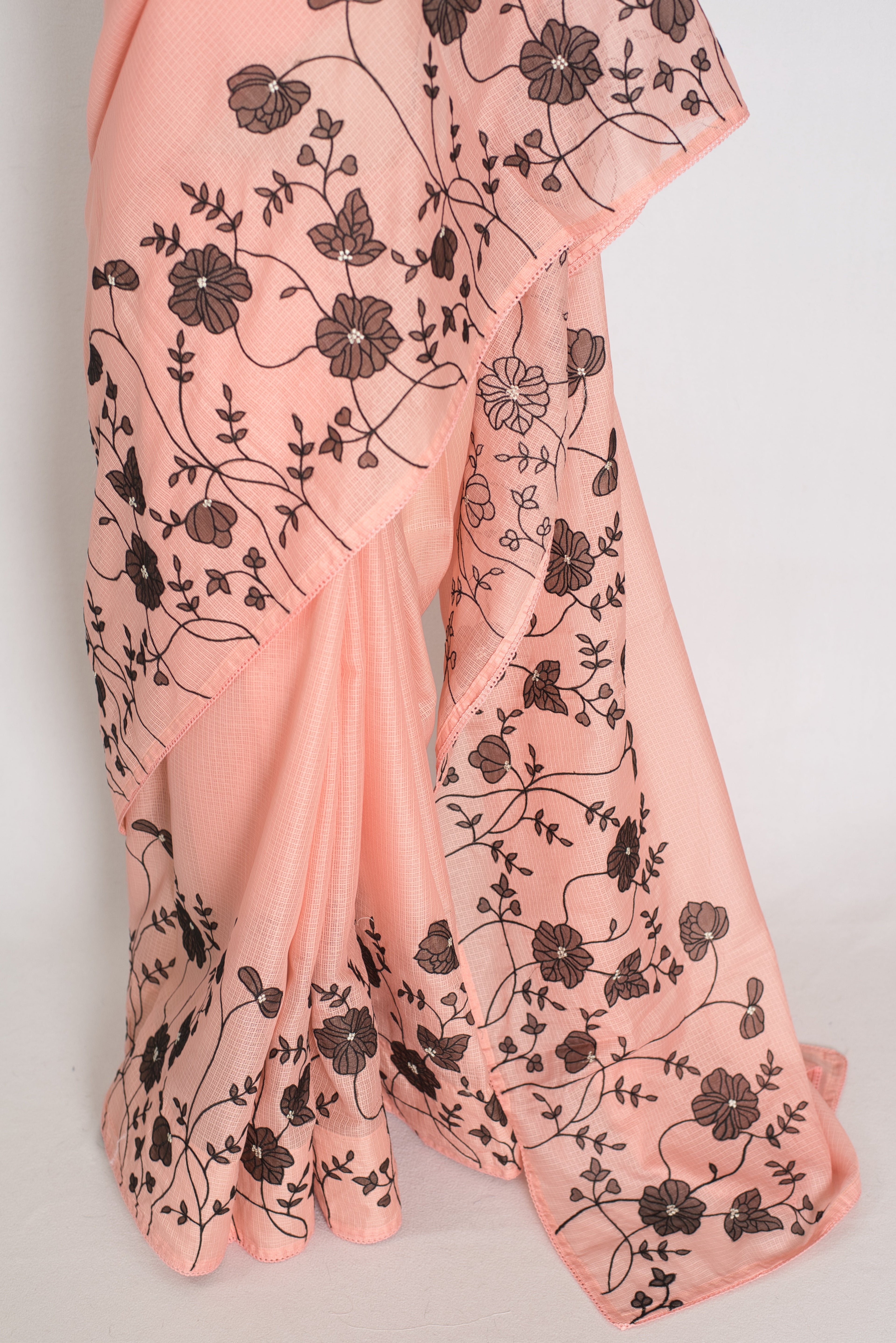 Mandira | Soft Peach & Black Semi Kota Silk Saree | Floral Appliqué