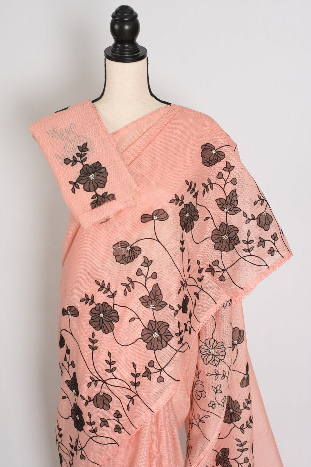 Mandira | Soft Peach & Black Semi Kota Silk Saree | Floral Appliqué